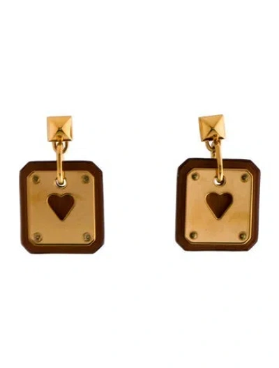 Pre-owned Hermes Leather As De Coeur Drop Earrings In Brown