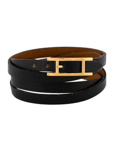 Pre-owned Hermes Leather Behapi 3mm Bracelet In Black