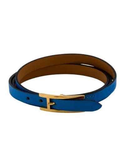 Pre-owned Hermes Leather Behapi 3mm Wrap Bracelet, 8" In Blue