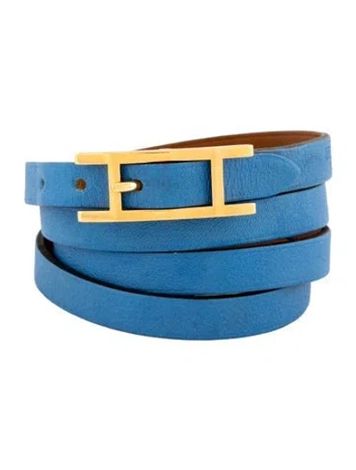Pre-owned Hermes Leather Behapi Double Tour Bracelet In Blue