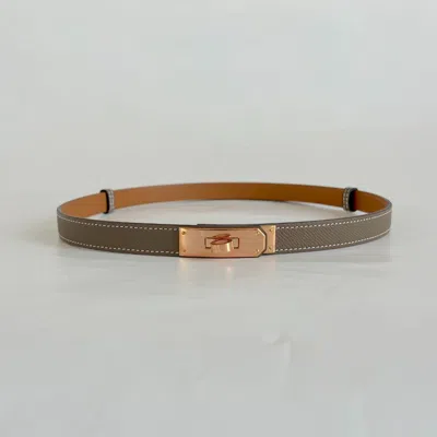 Pre-owned Hermes Hermès Leather Belt In Etoupe Epsom Calfskin W/ Rose Gold-plated Kelly Buckle.