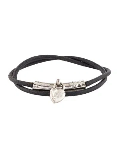Pre-owned Hermes Leather Cadena Heart Double Tour Bracelet, 12.75" In Black