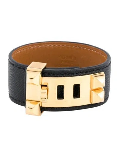 Pre-owned Hermes Leather Collier De Chien 24 Wrap Bracelet, 5.75" In Black