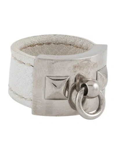 Pre-owned Hermes Leather Collier De Chien Band Ring In White