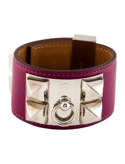 Pre-owned Hermes Leather Collier De Chien Bangle Bracelet, 7" In Pink