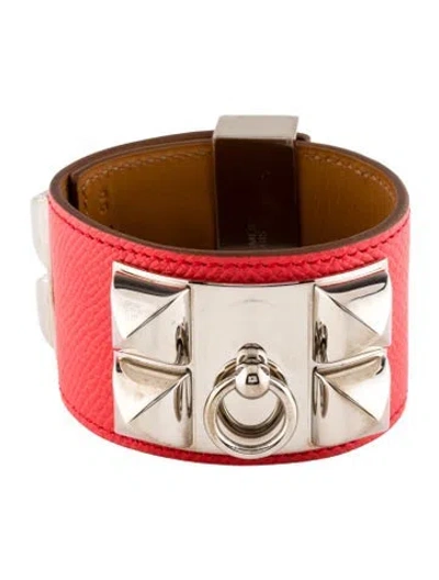 Pre-owned Hermes Leather Collier De Chien Bangle Bracelet, 7" In Red