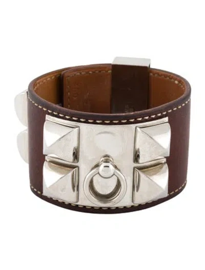 Pre-owned Hermes Leather Collier De Chien Bracelet, 6.5" In Brown