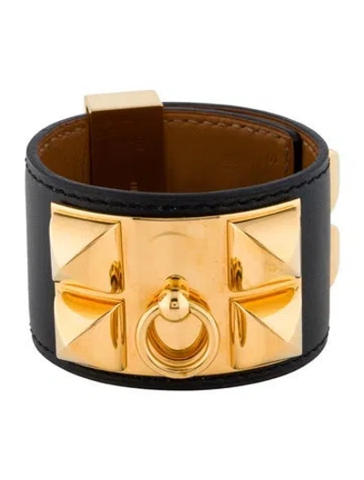 Pre-owned Hermes Leather Collier De Chien Bracelet, 7" In Black