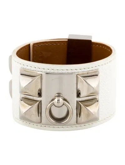 Pre-owned Hermes Leather Collier De Chien Wrap Bracelet, 6.75" In White