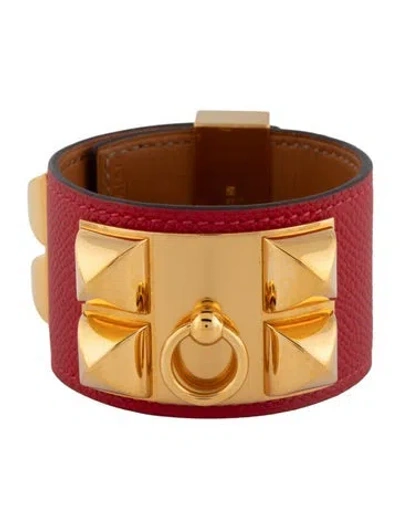 Pre-owned Hermes Leather Collier De Chien Wrap Bracelet In Red