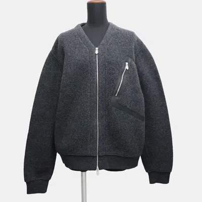Pre-owned Hermes Gris Fonce Wool Cashmere Leather Detail Zip-up Cardigan Men's Size L In Grey