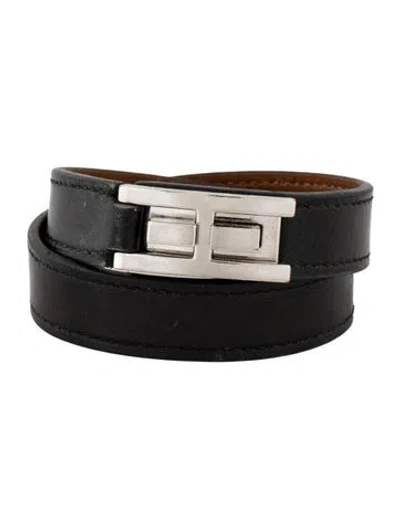 Pre-owned Hermes Leather Drag Double Tour Bracelet In Black
