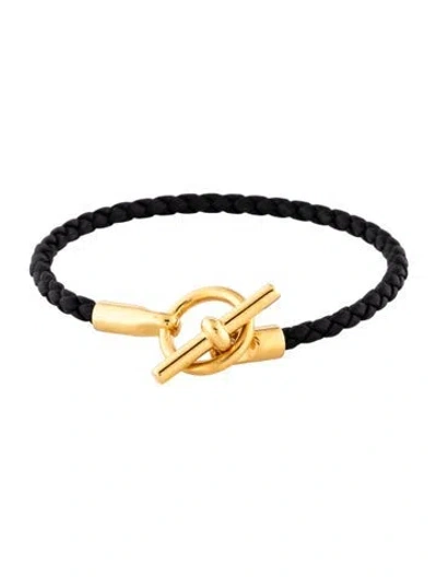 Pre-owned Hermes Leather Glenan H Bracelet, 6.5" In Black