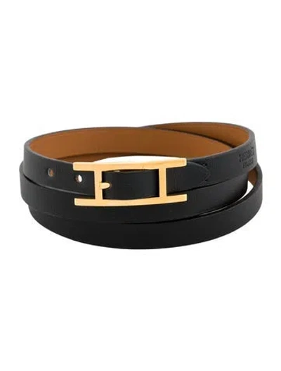 Pre-owned Hermes Leather Hapi 3 Mm Wrap Bracelet In Black