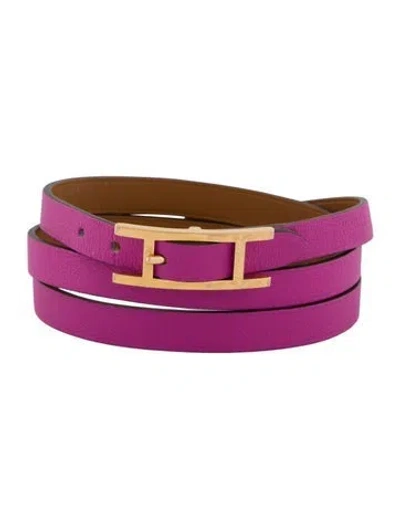 Pre-owned Hermes Leather Hapi 3 Mm Wrap Bracelet In Pink
