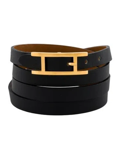Pre-owned Hermes Leather Hapi 3mm Wrap Bracelet In Black