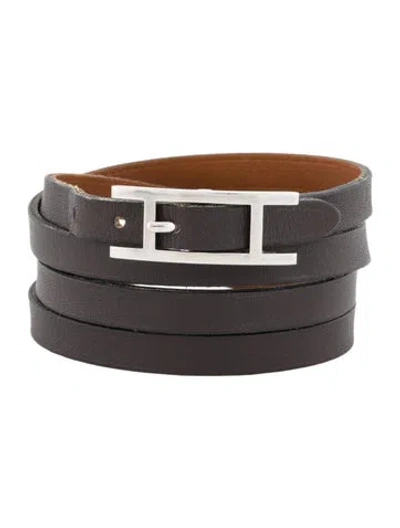 Pre-owned Hermes Leather Hapi 3mm Wrap Bracelet In Brown
