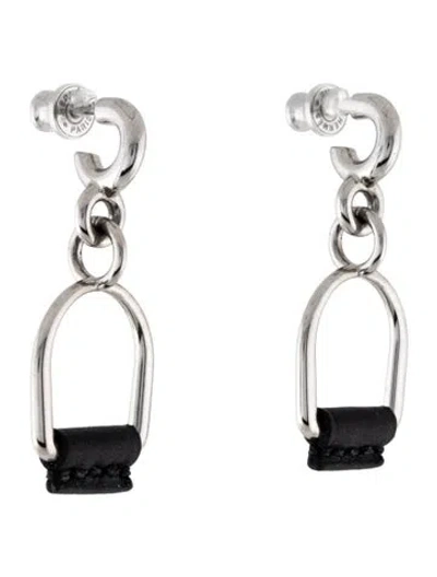 Pre-owned Hermes Leather Heritage Equestre Etrier Drop Sm Earrings In Black