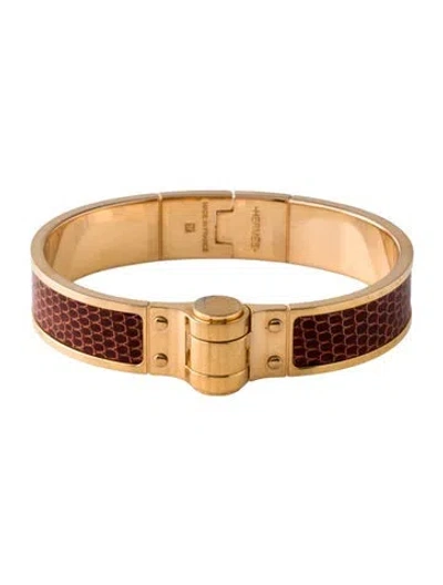 Pre-owned Hermes Leather Hinged Narrow Bangle Bracelet, 6.5" In Red