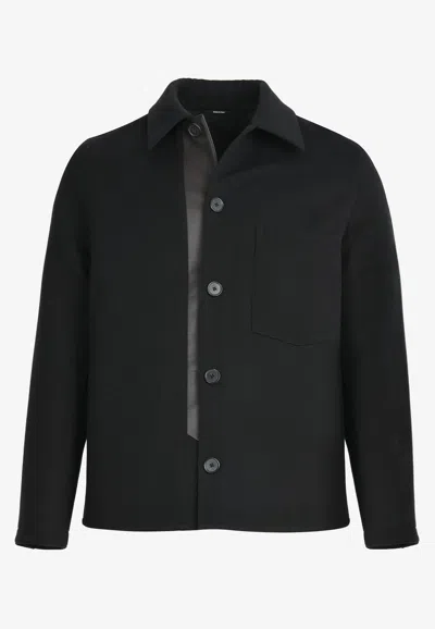 Hermes Leather-insert Wool Overshirt In Wool In Black