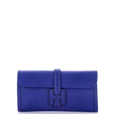 Pre-owned Hermes Leather Jige Elan Clutch In Blue
