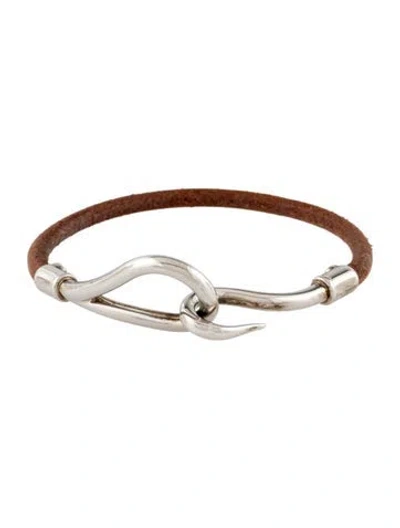 Pre-owned Hermes Leather Jumbo Hook Bracelet, 6.5" In Brown