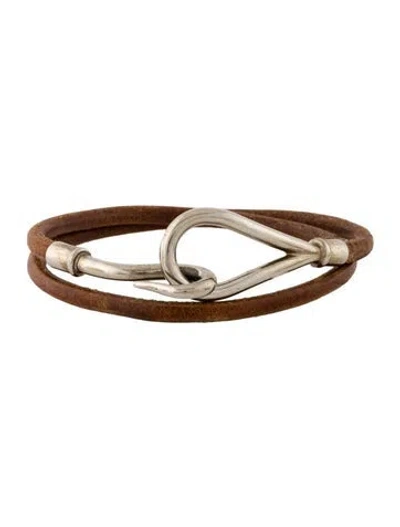 Pre-owned Hermes Leather Jumbo Hook Double Tour Wrap Bracelet In Brown