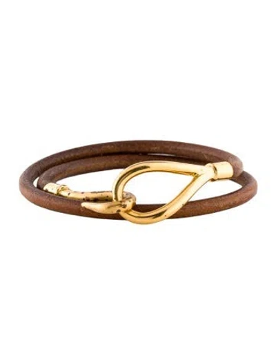 Pre-owned Hermes Leather Jumbo Hook Double Tour Wrap Bracelet In Brown