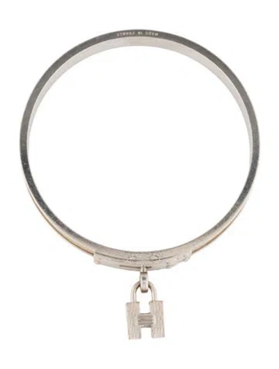Pre-owned Hermes Leather Kelly H Lock Cadena Bangle Charm Bracelet, 7.75" In Neutral