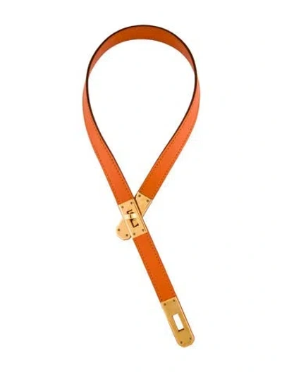 Pre-owned Hermes Leather Kelly Lariat Necklace, 20" In Orange