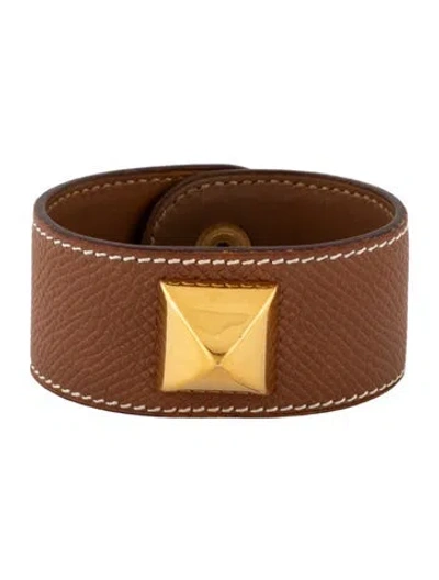 Pre-owned Hermes Leather Medor Stud Bracelet In Brown