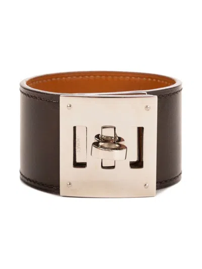 Pre-owned Hermes Leather Metal-plate Bracelet In Black
