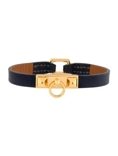 Pre-owned Hermes Leather Micro Rivale Bracelet, 6.5" In Blue
