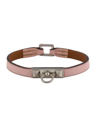 Pre-owned Hermes Leather Micro Rivale Bracelet, 7" In Pink