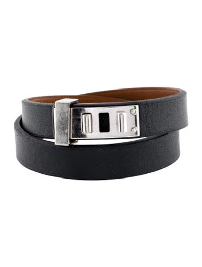 Pre-owned Hermes Leather Mini Dog Double Tour Bracelet In Black