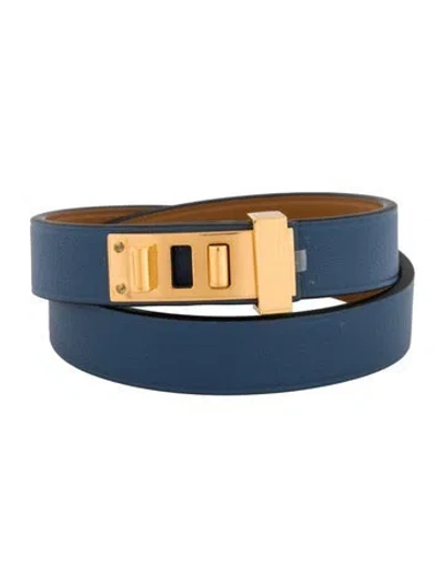 Pre-owned Hermes Leather Mini Dog Double Tour Bracelet In Blue