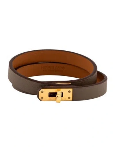 Pre-owned Hermes Leather Mini Kelly Double Tour Bracelet In Brown