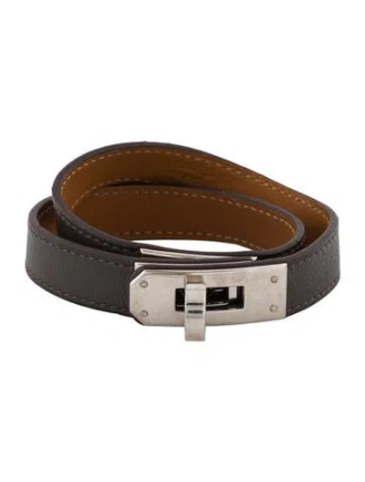Pre-owned Hermes Leather Mini Kelly Double Tour Bracelet In Gray