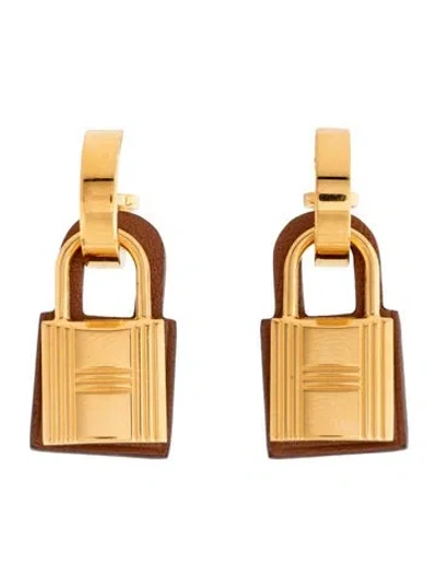 Pre-owned Hermes Leather O'kelly Drop Earrings In Brown