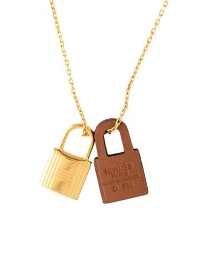 Pre-owned Hermes Leather, O'kelly Lock Pendant Necklace, 19.75" In Brown