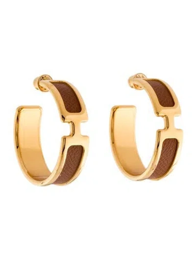 Pre-owned Hermes Leather Olympe Hoop Earrings In Brown