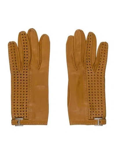 Pre-owned Hermes Leather Perforated H Gloves In Brown