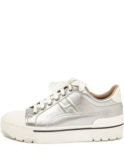 Pre-owned Hermes Leather Platform Sneakers In Silver