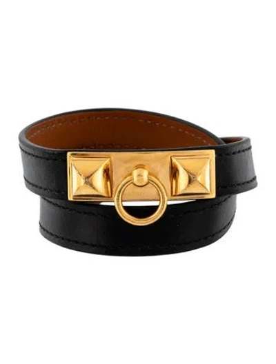 Pre-owned Hermes Leather Rivale Double Tour Bracelet In Blac/brown