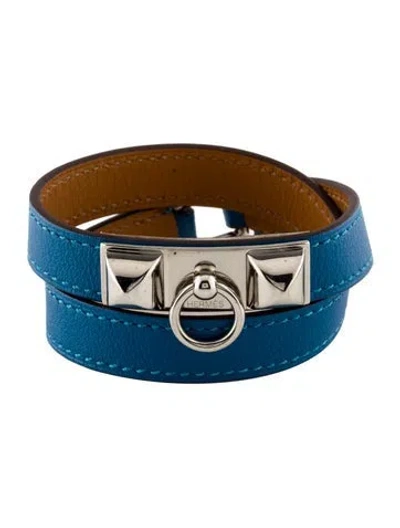 Pre-owned Hermes Leather Rivale Double Tour Bracelet In Black