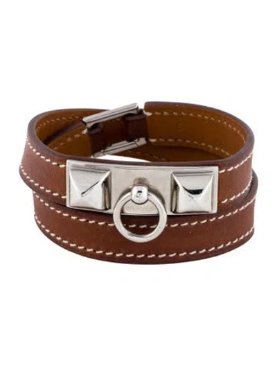 Pre-owned Hermes Leather Rivale Double Tour Bracelet In Brown
