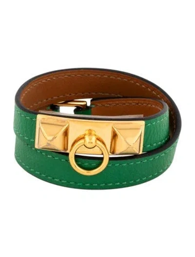 Pre-owned Hermes Leather Rivale Double Tour Bracelet In Green