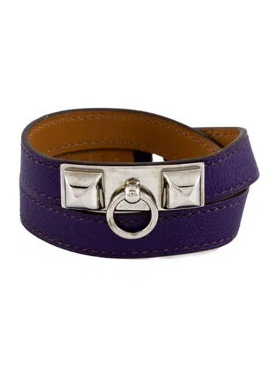 Pre-owned Hermes Leather Rivale Double Tour Bracelet In Purple
