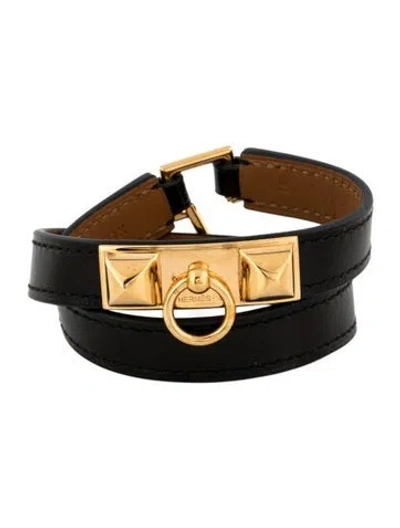 Pre-owned Hermes Leather Rivale Double Tour Bracelett In Black