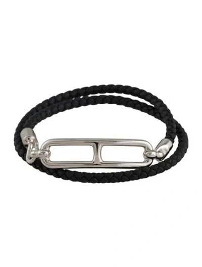 Pre-owned Hermes Leather Roulis Double Tour Bracelet In Black
